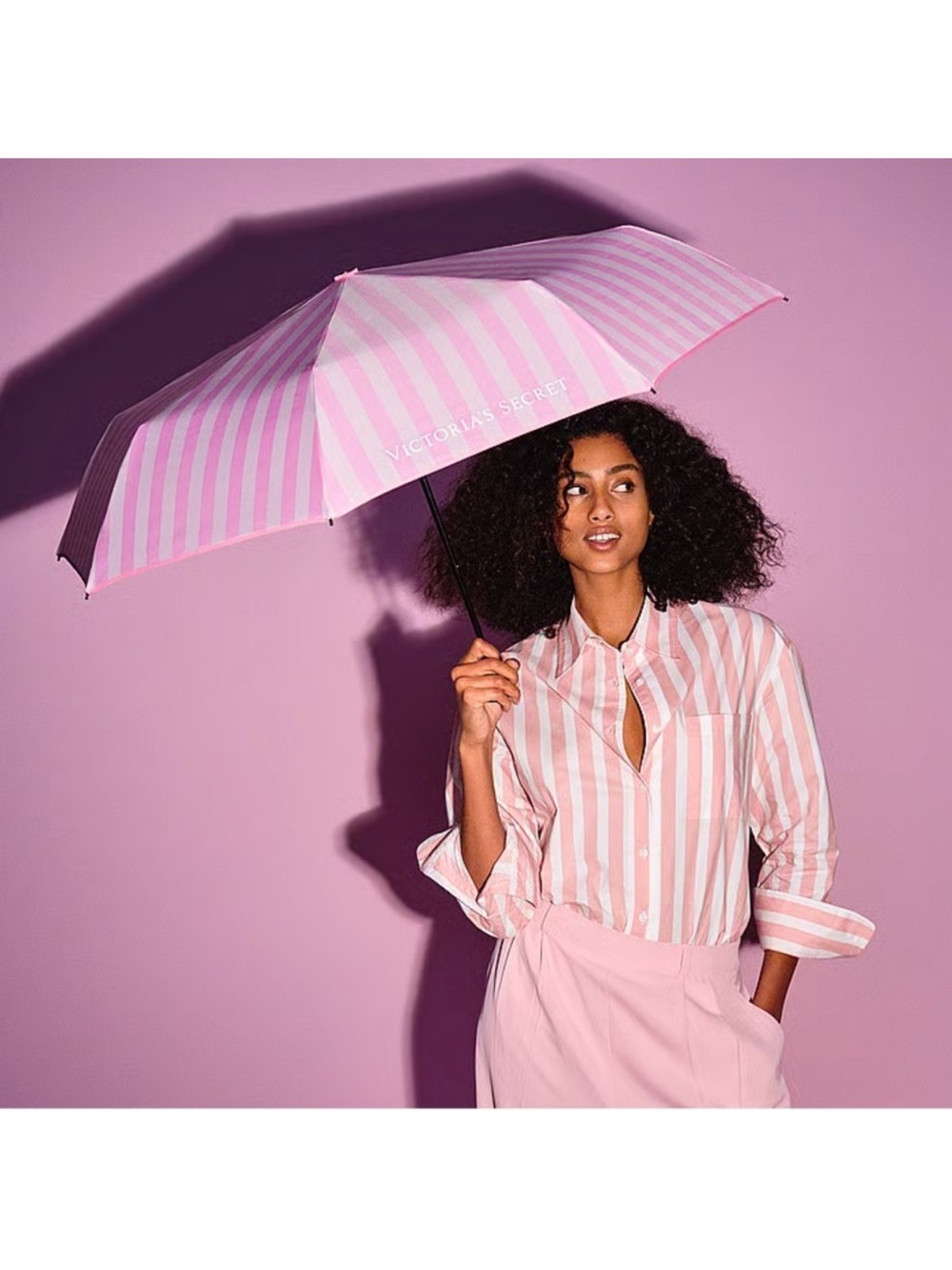 Victoria's Secret Pink and White Striped Compact Classic Umbrella New